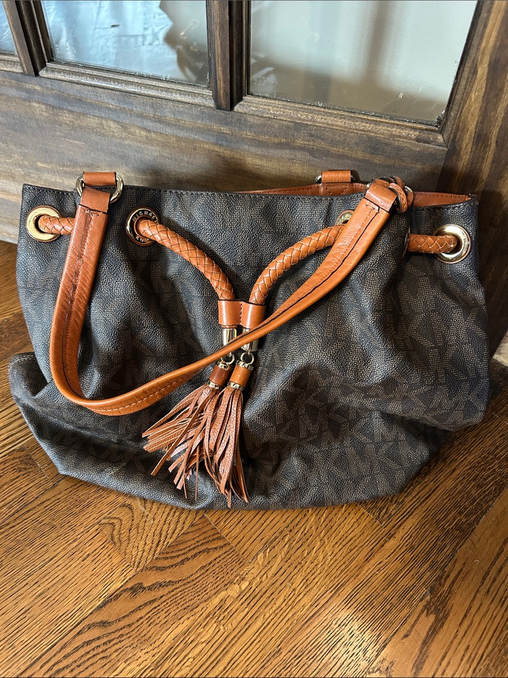Michael Kors Brown Logo Tote with Tan Braided Handles and Tassel